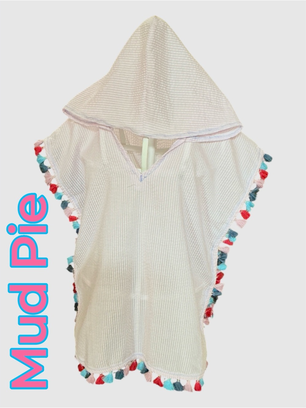 Mud Pie - Sz 4-5T - Pink Seersucker Hooded Poncho with Multicolor Tassels